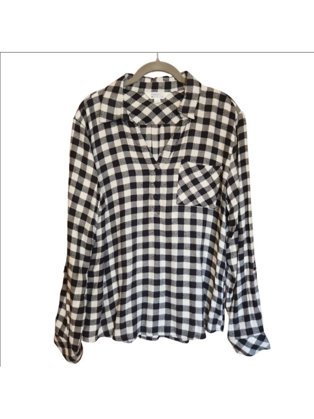 MARKET & SPRUCE LONG TAB SLEEVE FLANNEL V-NECK + COLLAR TOP SHIRT PLAID LARGE
